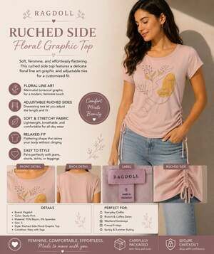 Ragdoll Ruched Side Floral Graphic Top in Dusty Pink